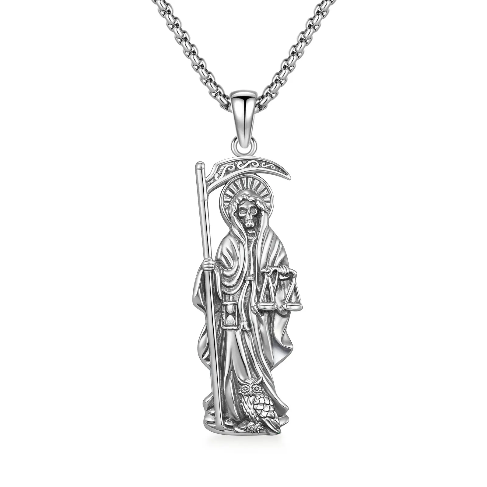 La Santa Muerte Necklace Silver Jewelry Grim Reaper Pendant Gifts for Women Men Anniversary Graduation Birthday Christmas Mothers Day Valentine's Day Amulet Faith 261