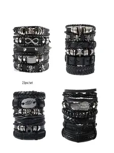 Men's Adjustable Stackable Bracelet Set, Mix Bracelets, Retro Skull Star Wing Studs Design, 23-Piece Punk Style Jewelry Collection