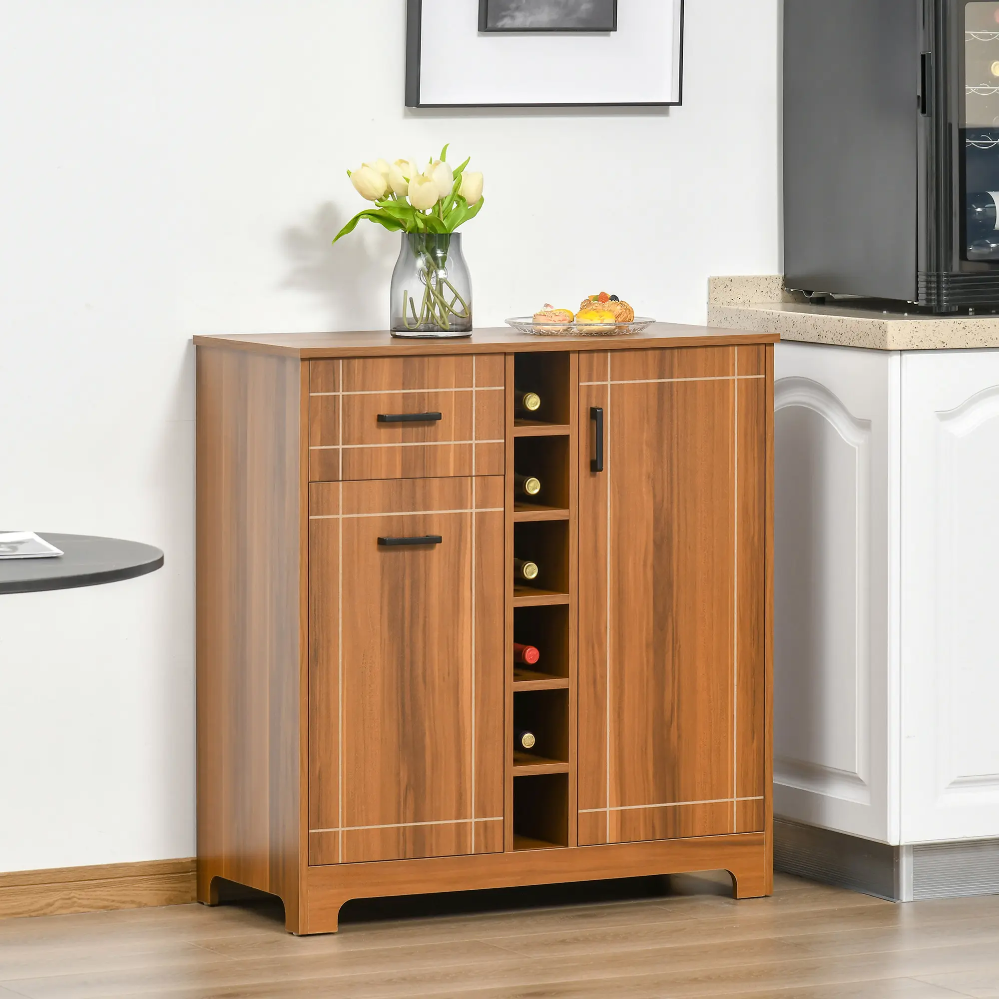 Retro Brown Wood Grain Distressed Wine Cabinet - 6-Bottle Capacity, 2-Row Glass Holders, 1 Drawer, Sturdy MDF Construction, Wall-Mountable Dining Room Bar Storage Solution, 33.75" L x 15.75" W x 36.25" H
