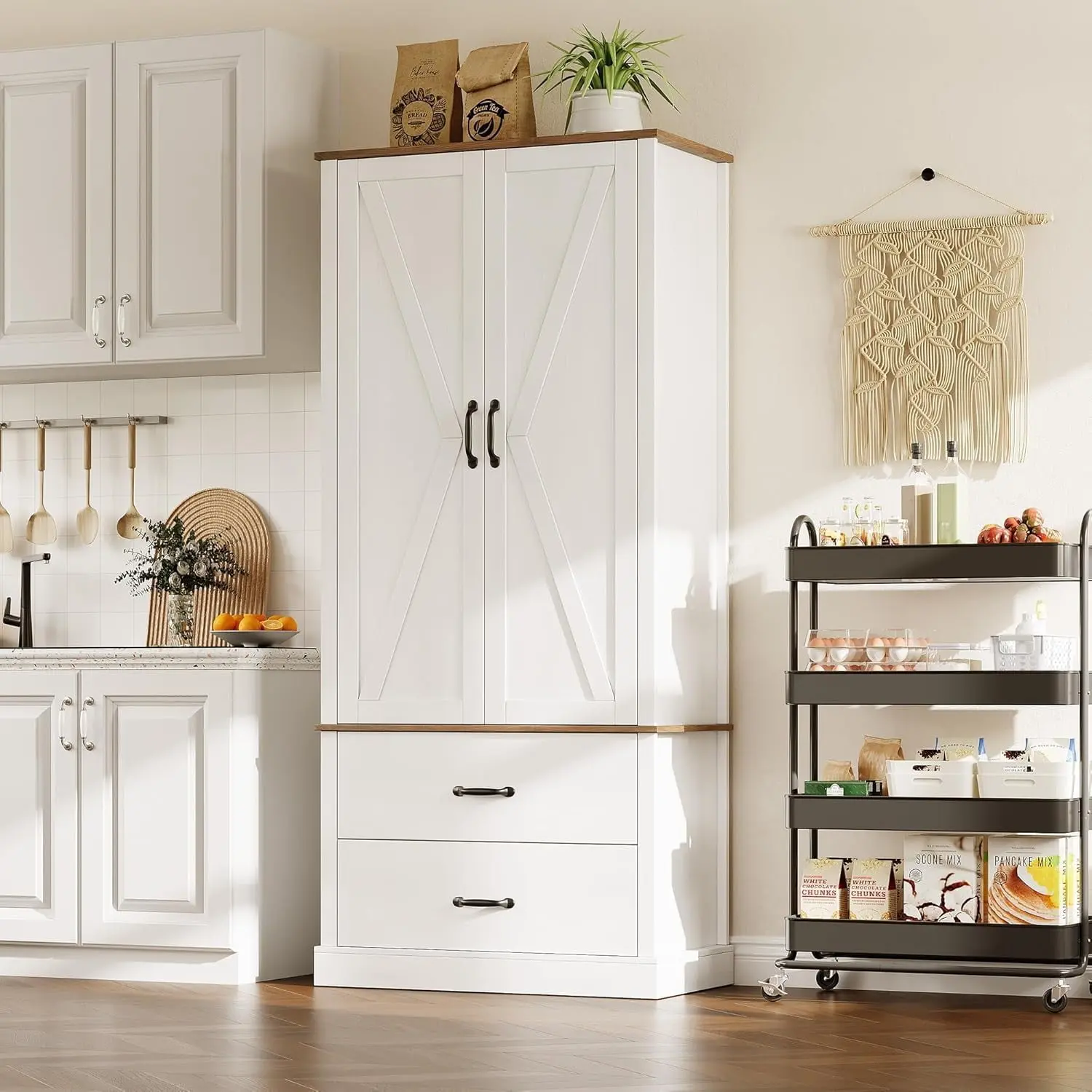 White Farmhouse Wood Kitchen Pantry Cabinet with Drawers, Barn Door, Adjustable Shelf for Living Room, Bathroom
