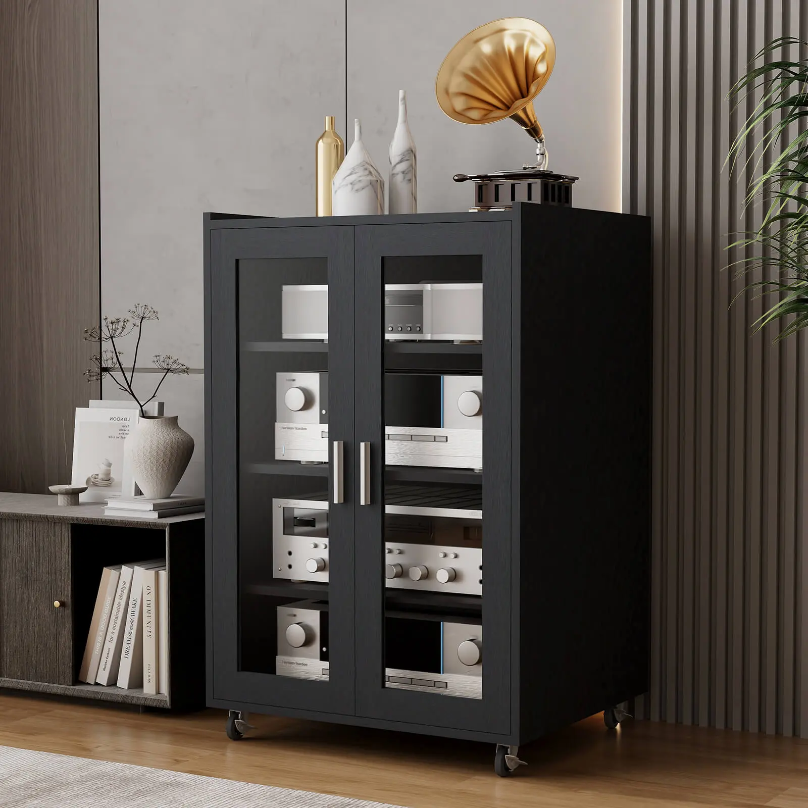 ELECWISH Media Storage Cabinet, Audio-Video Media Stand, Stereo Cabinet with 4 Height-Adjustable Shelves, AV Rack with Glass Doors for Meeting, Living, Recording Room, BlackIF047