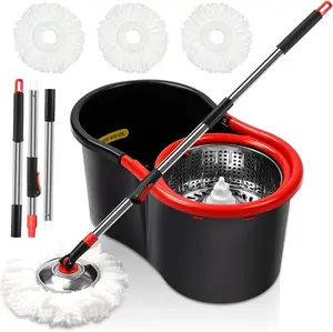 [Spin Mop Set] 3 Microfiber Mop Heads & 51" Adjustable Handle | Spin Mop and Bucket with Wringer Set - Stainless Steel, Black