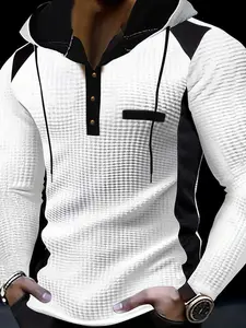 Men's Fashion Stylish Casual Plaid Sweatshirt Hoodie Pullover, High-End Skin-Friendly Breathable Waffle Fabric, 100% Polyester, Fake Pocket Design, Spring & Fall