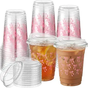 50 Pcs Pink Bow Cups 16 oz Bow Cups with Lids Coquette Favor Disposable Iced Coffee for Birthday Wedding Bridal Valentine Galentines Day Engagement Supplies