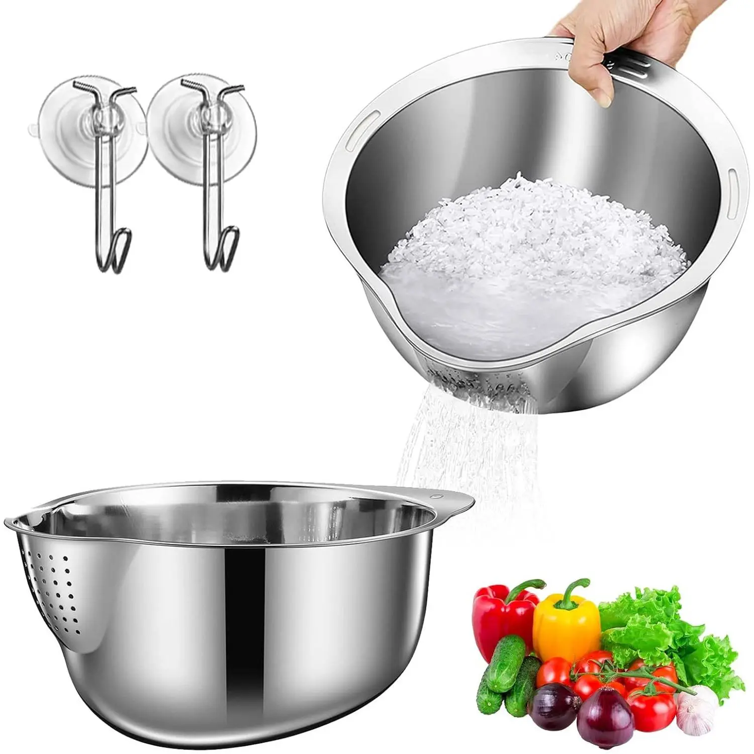 Rice Strainer, 2PCS Rice Washer Strainer Bowl, Rice Cleaner Strainer, Rice Washing Strainer Bowl with Side Drain Spoon, Stainless Steel Colander for Cleaning Fruits, Vegetables and Beans