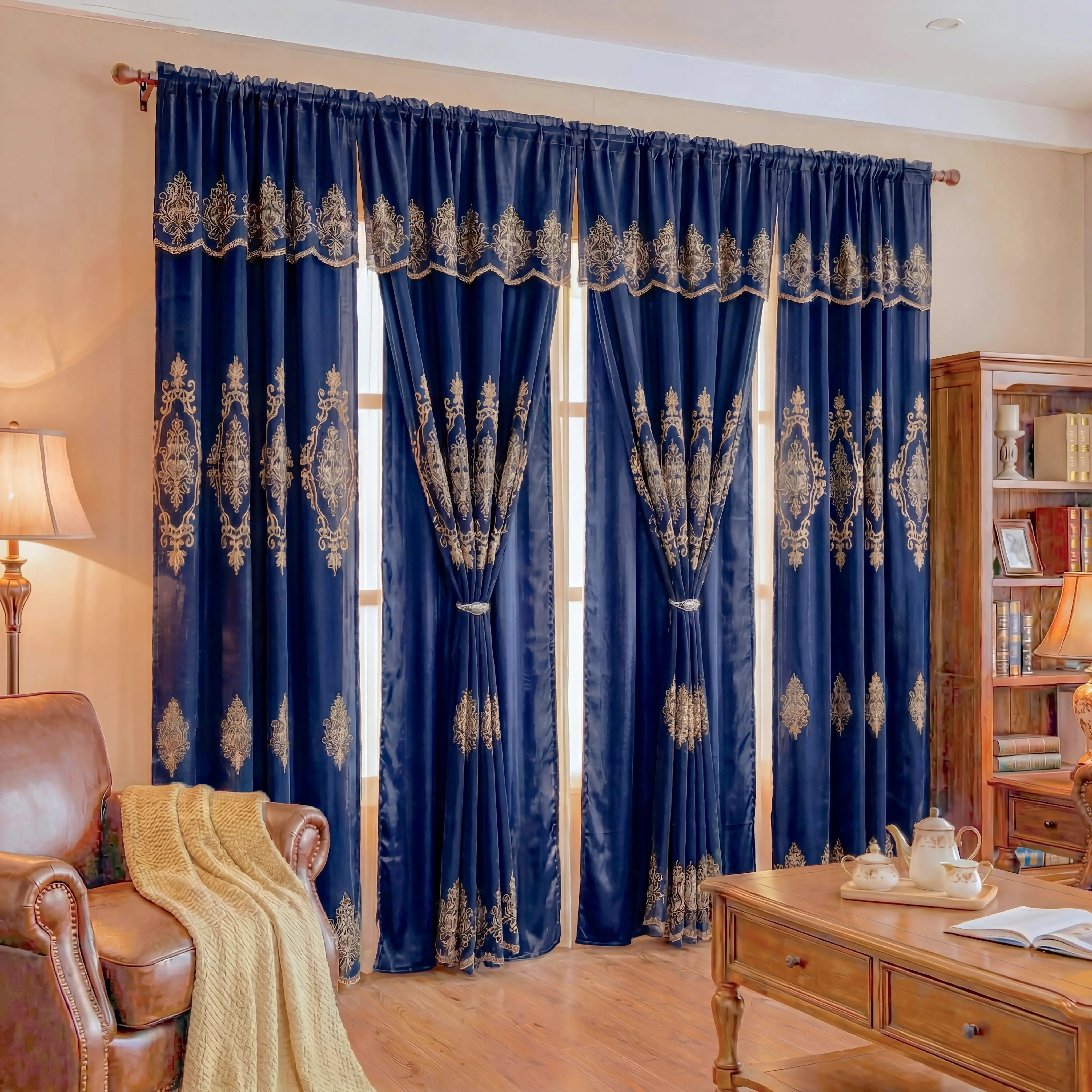 4 Pcs 52x84 in Luxury Double Layer Damask Embroidery Doli Curtains with Waterfall Valance & Rod Pocket, European-Style Decorative Textile Accessory for Living Rooms, Bedrooms, QF01 Living Room Decor Holiday Home Accent