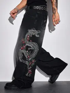 Viral Y2K Revival Vintage Dragon Floral Embroidered Jeans with Cherry Blossom Details, Faded Black Wash & Wide Leg Fit - Perfect for Men's Dark Streetwear Outfits