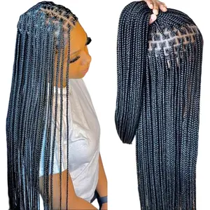 32" 36 Inch Synthetic Knotless Box Braid Full Lace Wig Basic Style Hand Crochet Braided Wig, Knotless Cornrow Braids, Blended Black Hair With Baby Hair, Natural Looking, Realistic Hairline, Breathable, Comfortable, Durable, For African Woman
