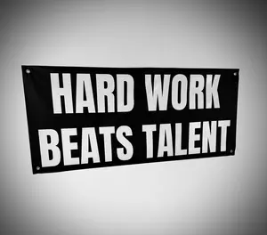 HARD WORK BEATS TALENT Banner 48 x 21 Inch Motivational Wall Decor Durable 13oz UV Printed Vinyl with 4 Corner Grommets for Gym Office Garage Workout Poster Style Indoor Outdoor Sign