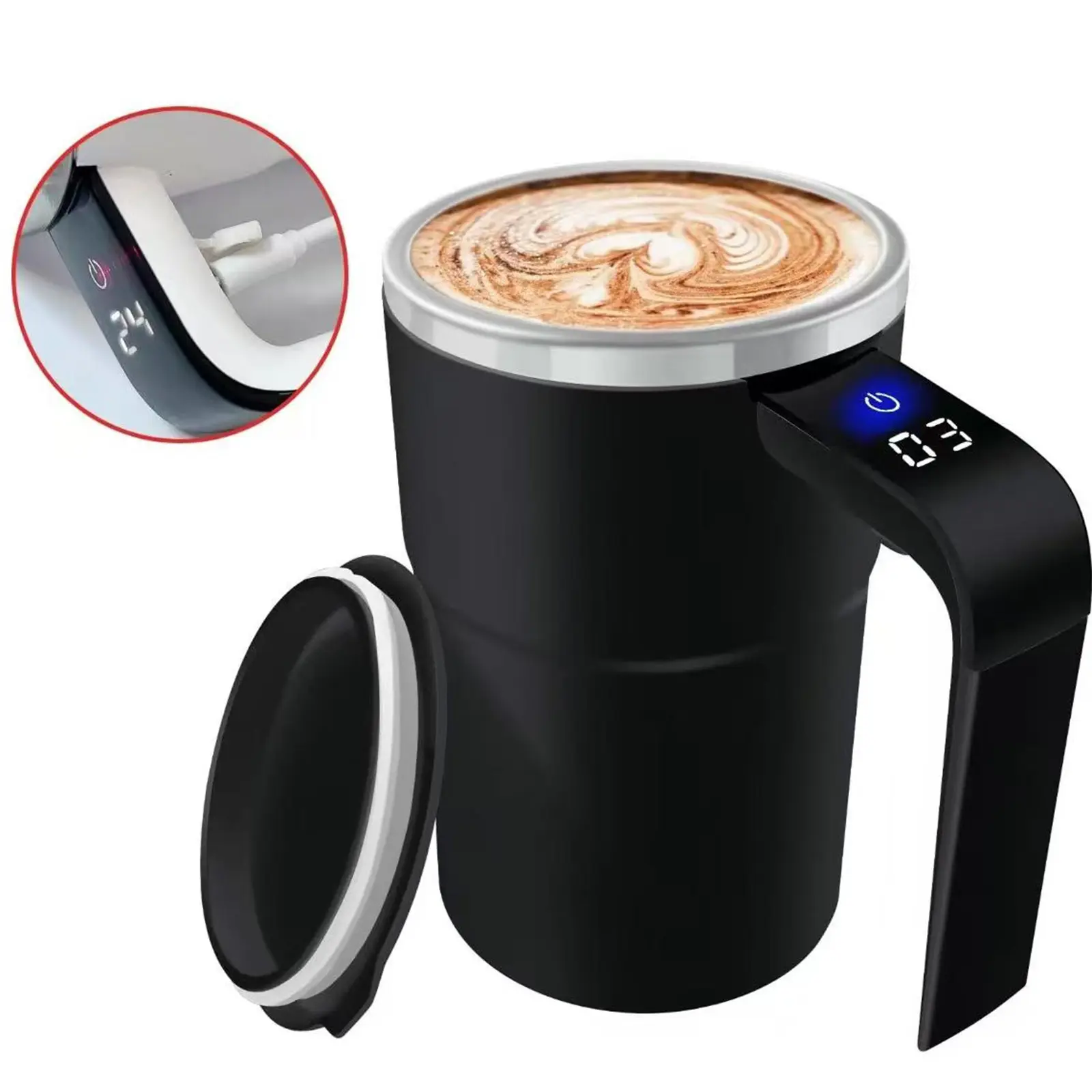 Sturdy Stainless Steel Electric Self-Stirring Coffee Tumbler - USB Rechargeable Magnetic Mixing Reusable Cup with Lid, Temperature Display, Non-Slip Base, Removable Stir Bar, Washable Portable Kitchen Drinkware for Home, Commuting, Temperature Display Mug