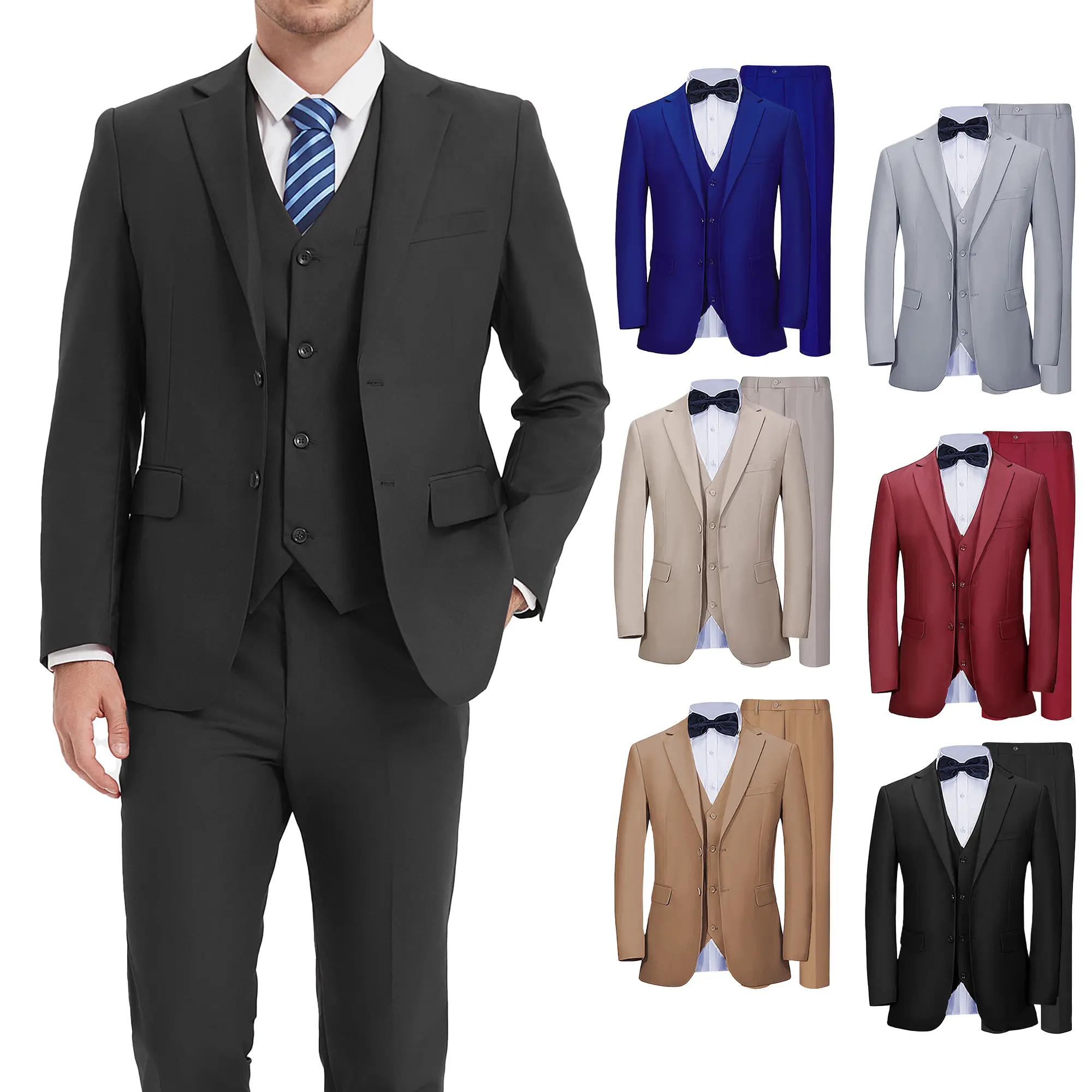Men’s Classic 3-Piece Solid Black Long Sleeve Suit - Notch Lapel, Tailored Formal Wear, Versatile Gentleman Outfit for Weddings, Business, Fathersdaygift, Gentleman Style, Matching Formal Wear, Tailored Menswear, Rayon, Fitted, Button Front, Three Pieces