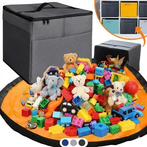 SlideAway Toy Storage Organizer & Extra Large 52" Play Mat, Collapsible Storage Bins for Building Bricks, Small Blocks, Toys, Drawstring Cleanup for Kids Playroom & Classroom, Grey