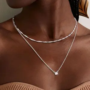 ASCOMY Pre-Styled 2 Layered Dainty Silver Necklace for Women | Shiny Cubic Zirconia Pendant | Tarnish Free Hypoallergenic Nickel Free | Stackable Necklace for Office Daily Date Wear | Trendy Minimalist Women's Jewelry Gift for Her