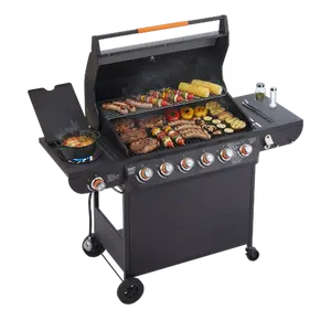 6 Burner BBQ Propane Gas Grill with Side Burner 72000 BTU Output Stainless Steel Barbecue Grill with Cast Iron Grates and Side Tables for Outdoor Cooking Kitchen and Patio Backyard
