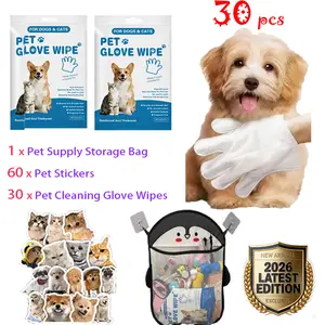 30pcs Disposable pet gloves, suitable for cleaning cats and dogs, dry cleaning gloves, disposable wet wipe set, includes 60 pet cat and dog stickers, eco-friendly dog wet wipes, glove wet wipes pet storage bag (16.9 x 15.4cm )