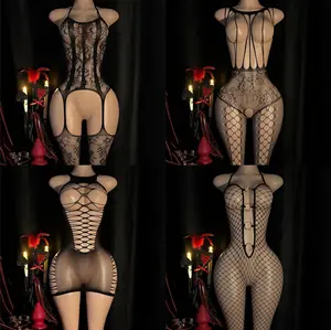 Women's Eden Elegant 4-Piece Intimate Apparel Set - Hollow Bodysuit, Black Mesh Corset, Lace Garter, Floral Christmas Halter Teddy, Fishnet, Minimalist Sexy Set