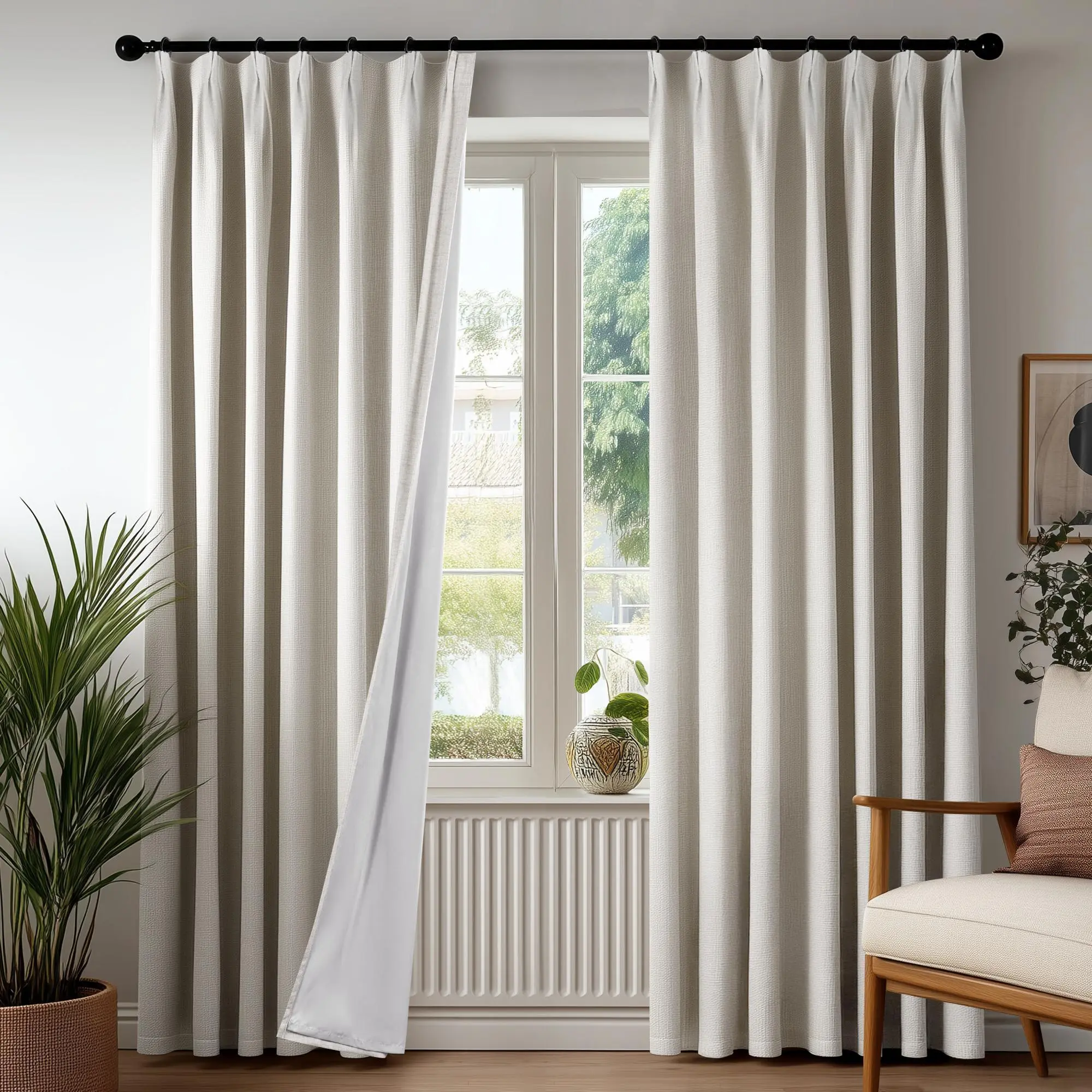 Deconovo Soft Linen-Textured Total Blackout Pinch Pleated Curtains, Thermal Insulated, Adjustable Plastic Hooks, Lined Drapes, Track & Ring Hook Compatible, Easy Install Bedroom Window Curtains, Easy Install Curtain, Thermal Insulated Curtain