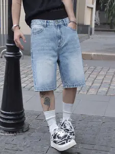 Men's Casual Loose Fit Wide Leg Denim Shorts, All Seasons Street Style, Pure Color Pocket Design, Versatile Straight Leg Jeans, Streetwear
