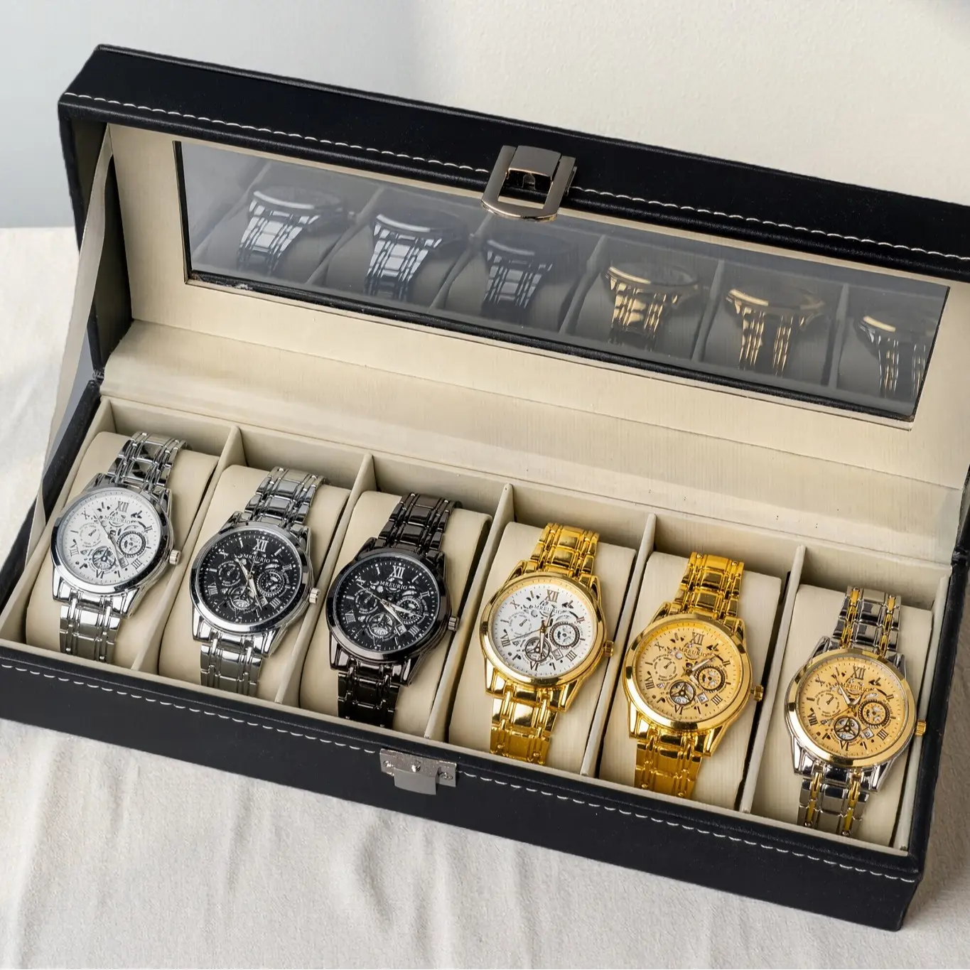 6-Piece Men's Round Stainless Steel Quartz Watch Set, Business Luxury Elegant Wristwatch for Successful Gentlemen, Shows Personal Temperament & Charm