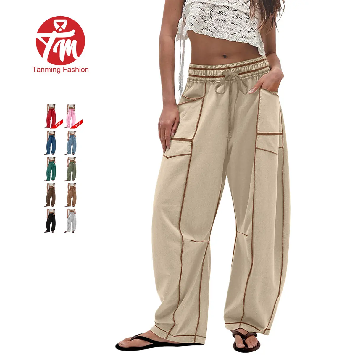 Tanming Womens Baggy Barrel Wide Leg Yoga Lounge Pants Drawstring Waist Pockets Athleisure Style Casual Sweatpants Comfortable Loose Fit Bottoms for Women Summer Casual Wear,back to school shopping
