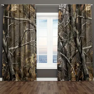 2Pcs Camo Tree window curtains, forest camouflage oak branches leaves moss hunting lodge camp themed window curtains for bedrooms, Room Decor Curtain