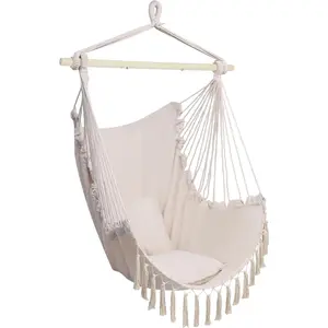 ONCLOUD Hammock Chair Hanging Rope Swing, Load Capacity Up to 550 LBS Macrame Hammock Swing Seat with Two Cushions, Hammock Seats with Portable Steel Spreader Bar for Indoor/Outdoor