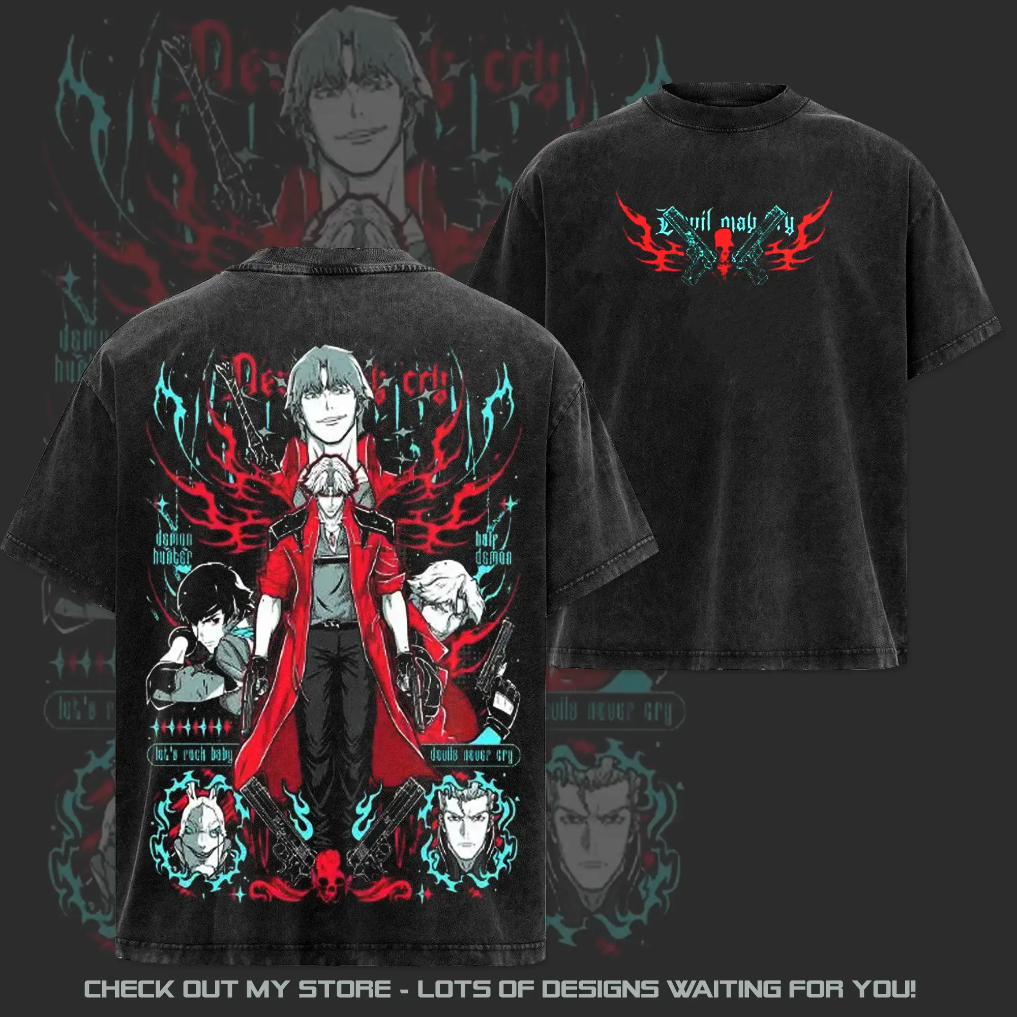 Men's Oversized Relaxed-Fit Short-Sleeve Vintage Graphic T-Shirt - Devil May Cry Dante Print, Acid-Washed Tee, Soft Heavyweight Cotton Round Neck Apparel