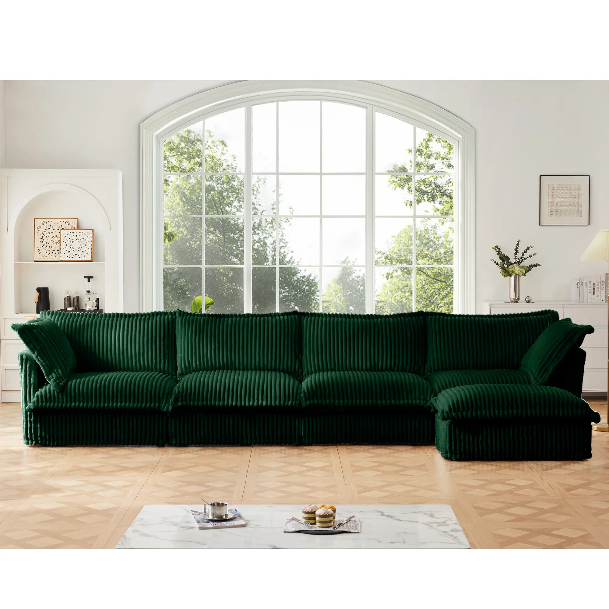 Slipcovered L Shape Sectional Sofa Couch 4 Seater with Suppleness Armrests Deep Seat 2 Pillows Comfy Corduroy Living Room Apartment Green, Living Room Furniture for Apartment, Lounge, Family Room, Office and Home Seating, Sofa Couch Seating