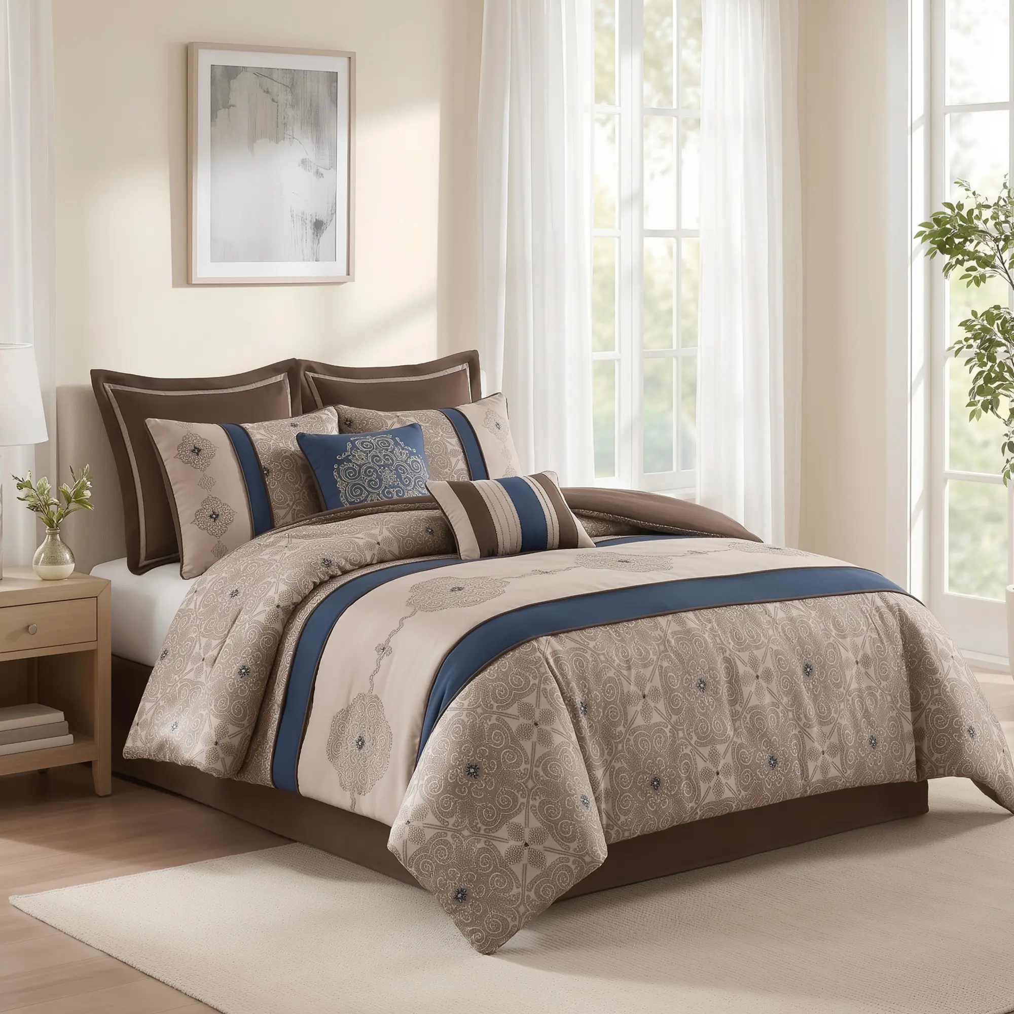 Delaney 8 Piece Luxury Damask Comforter Set - Elegant Jacquard Bedding Set with Decorative Pillows & Bed Skirt