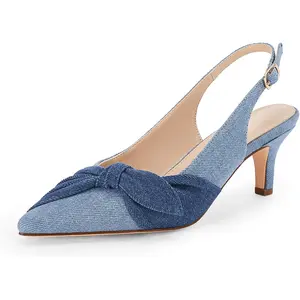 Coutgo Women's Bow-Embellished Closed Pointed Toe Low Kitten Heel Denim Slingback Pump Shoe, Dress Sandal
