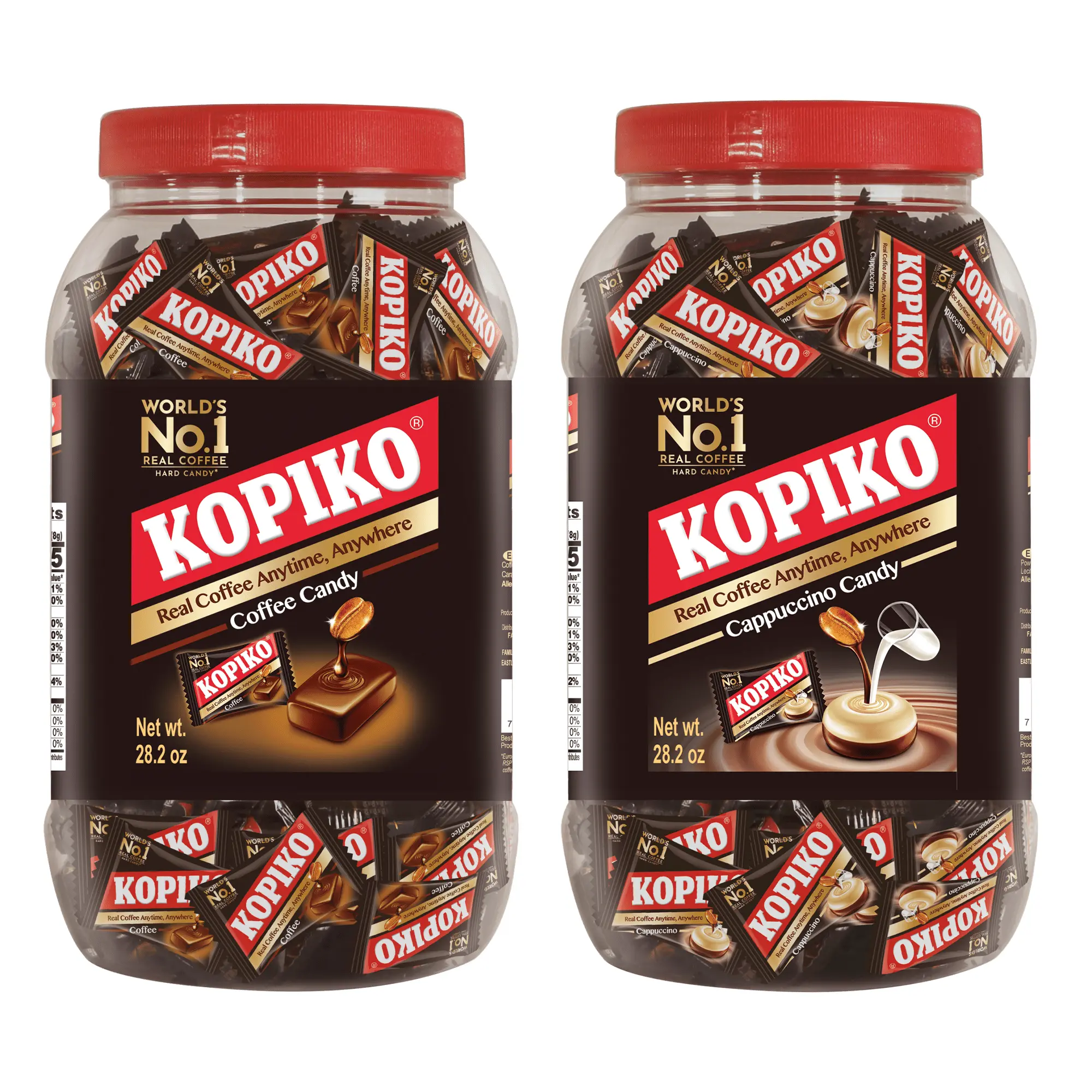 Kopiko Large Size Cappuccino & Coffee Candy Mix Jars (28.2oz Each) - Dairy-Free Crunchy Sweet Hard Snack, Real Coffee Extract, Rich Flavor for Adults, Beverage Companion