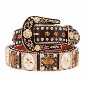Men's Western Leather Belt in Brown, Studded Cowboy Design with Star Motif and High Quality Buckle, Fashion Accessory for Jeans, Studded Leather Belt