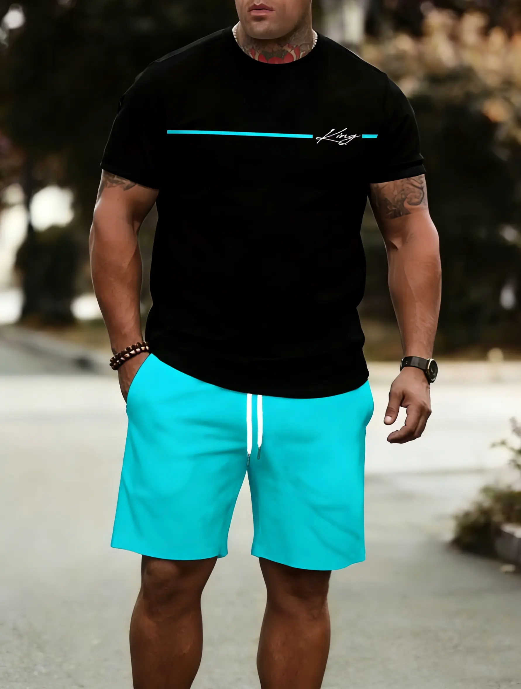 1 set of men's new casual crew neck T-shirt suit, featuring stylish stripes and letter patterns, slightly stretchy polyester knit fabric, regular style, with shorts, suitable for summer outdoor activities and family gatherings Clothes Menswear