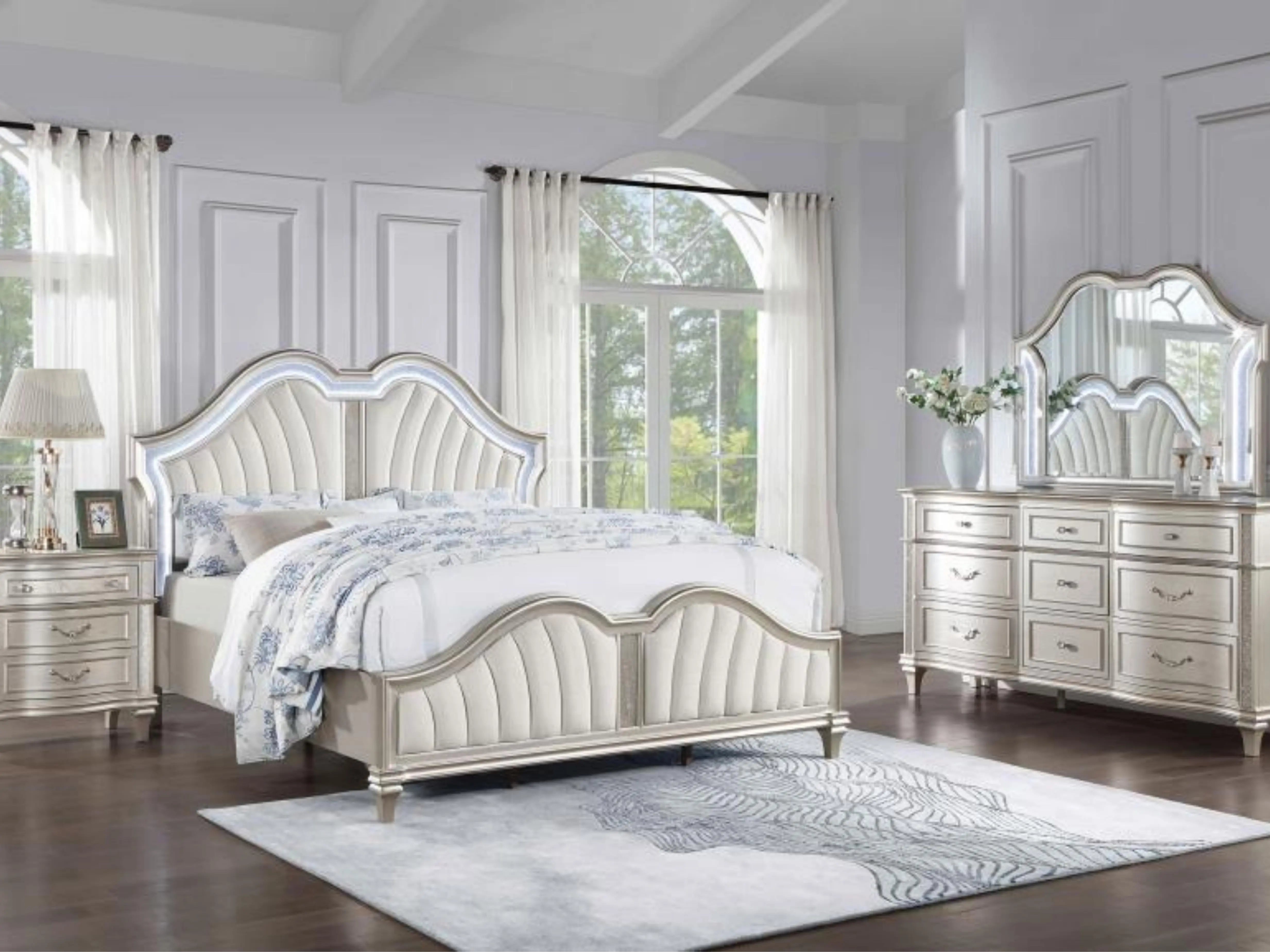 Evengeline Queen Bed Set - 4-Pc Silver Oak Finish Wooden Bedroom Furniture, Ivory Fabric, LED Headboard, Nightstand, Wooden Dresser, Assembly Required, Furniture for Bedroom (Model 223391Q-S4), Nightstand Set, Wooden Dresser Set