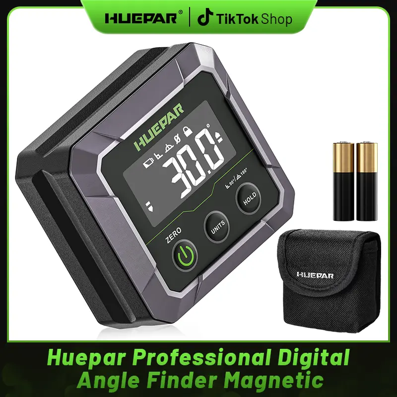 Huepar Digital Angle Finder Digital Angle Gauge, Precision Inclinometer ±0.1° Accuracy with Calibration, 0-90 or 0-180 Angles, VA LCD Display, Strong Magnetic Base, 360° Flip Screen, Mini Level Box