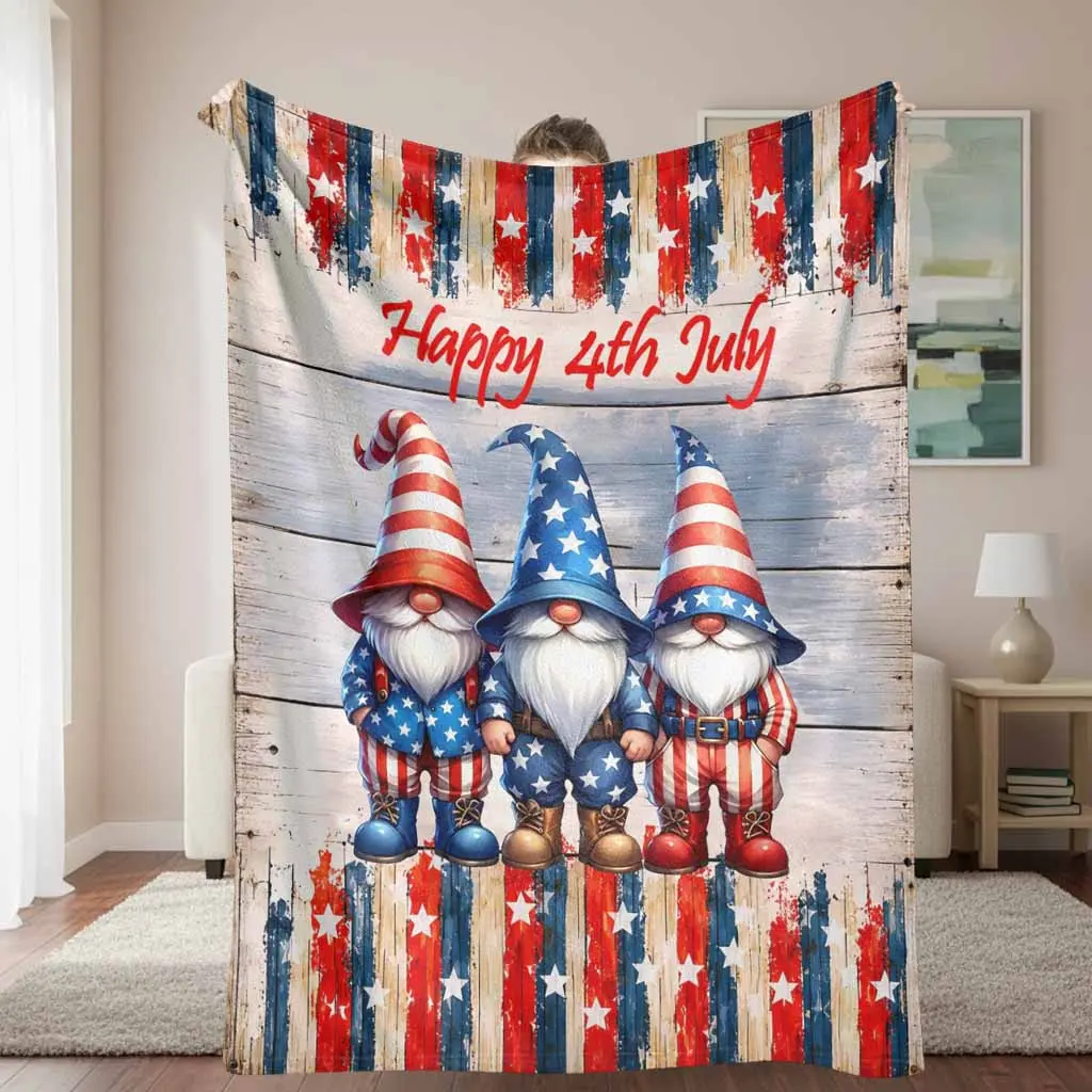 Patriotic Independence Day Gnome Flannel Throw Blanket American Flag Stars And Stripes Print Super Soft Cozy Lightweight Warm Fleece Bed Sofa Couch Living Room Decor Gift