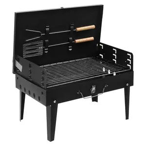 Portable Black Metal Square Charcoal Grill, 44*27*7cm, for Outdoor Camping & Hiking Kitchen