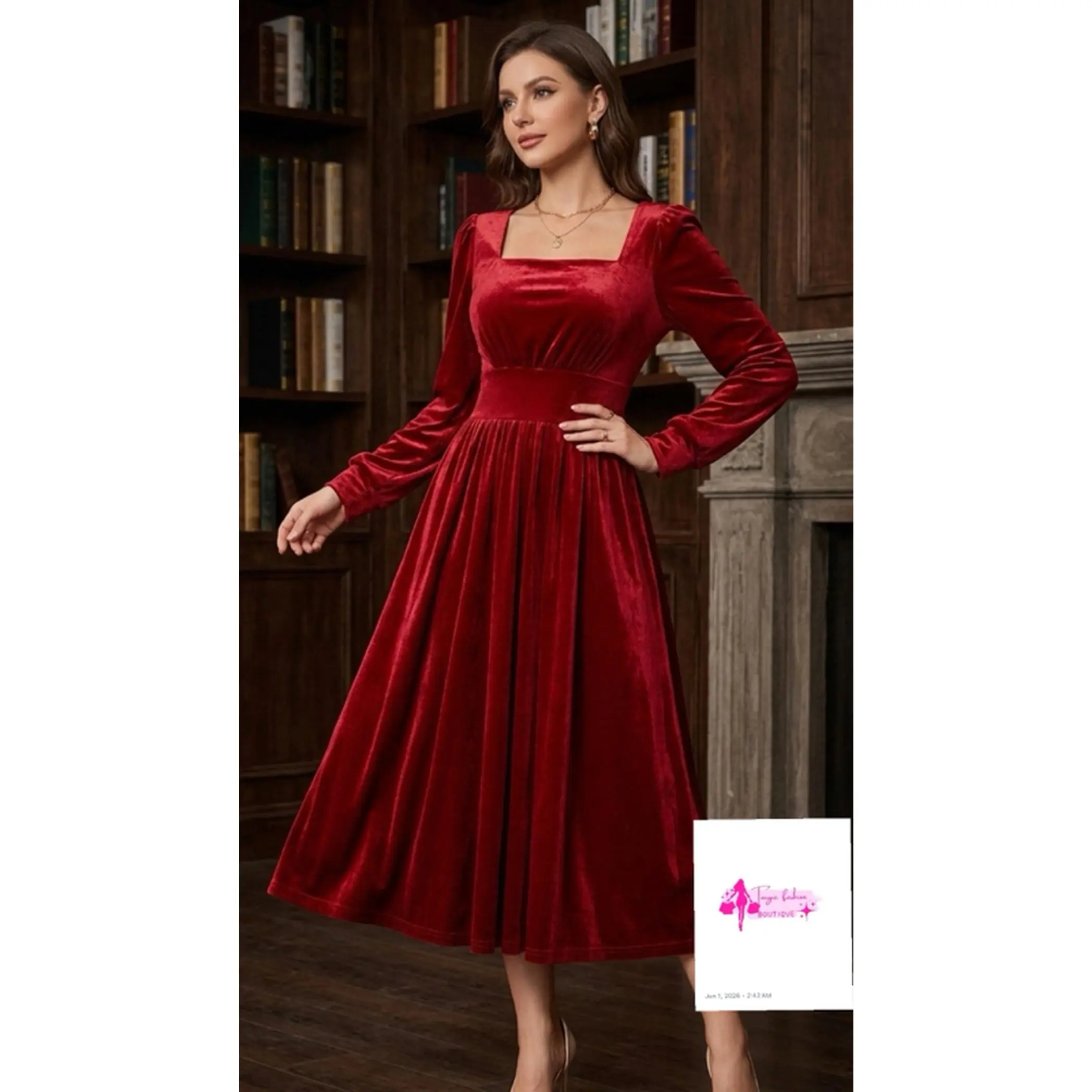 Red Velvet Dress with Long Sleeves and A-Line Silhouette, Size L, Perfect for Formal Events