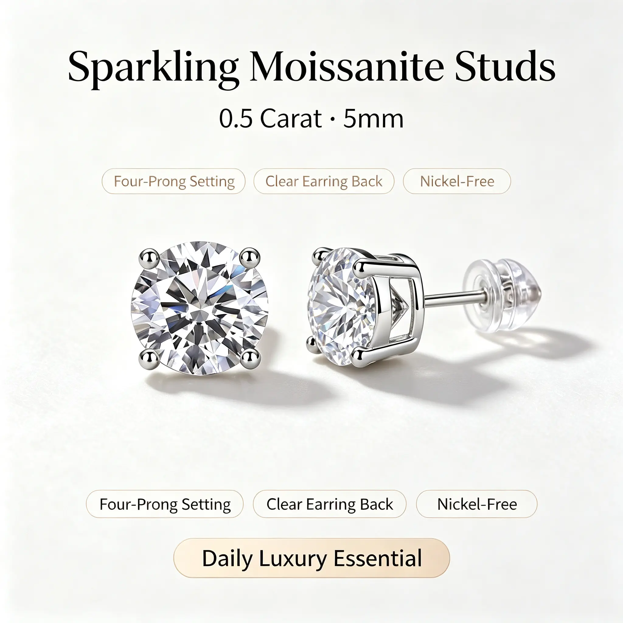 Women's 0.5 Carat Moissanite Stud Earrings, 5mm Brilliant Cut, Hypoallergenic Stainless Steel Everyday Solitaire Earrings