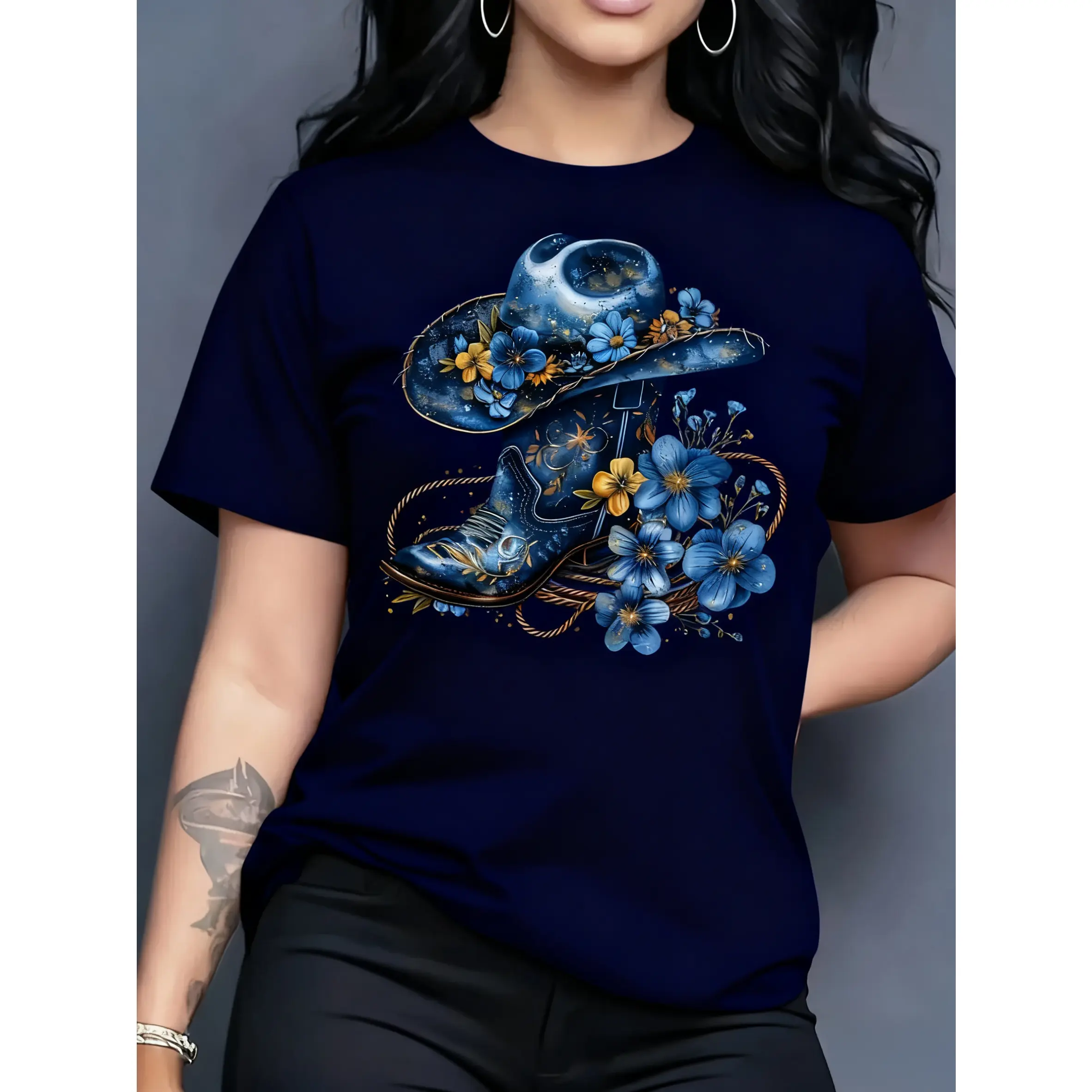 Women's 100% Cotton Smooth Short-Sleeve Round Neck Graphic Printed T-Shirt - Turquoise Blue, Floral, Horseshoe & Cactus Prints, Western Themed Casual Spring Summer Top for Ranch Parties