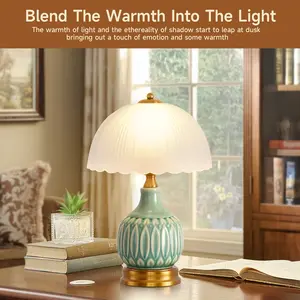 Vintage Handcrafted Ceramic Table Lamp | Scalloped Glass Shade Bedside Glow