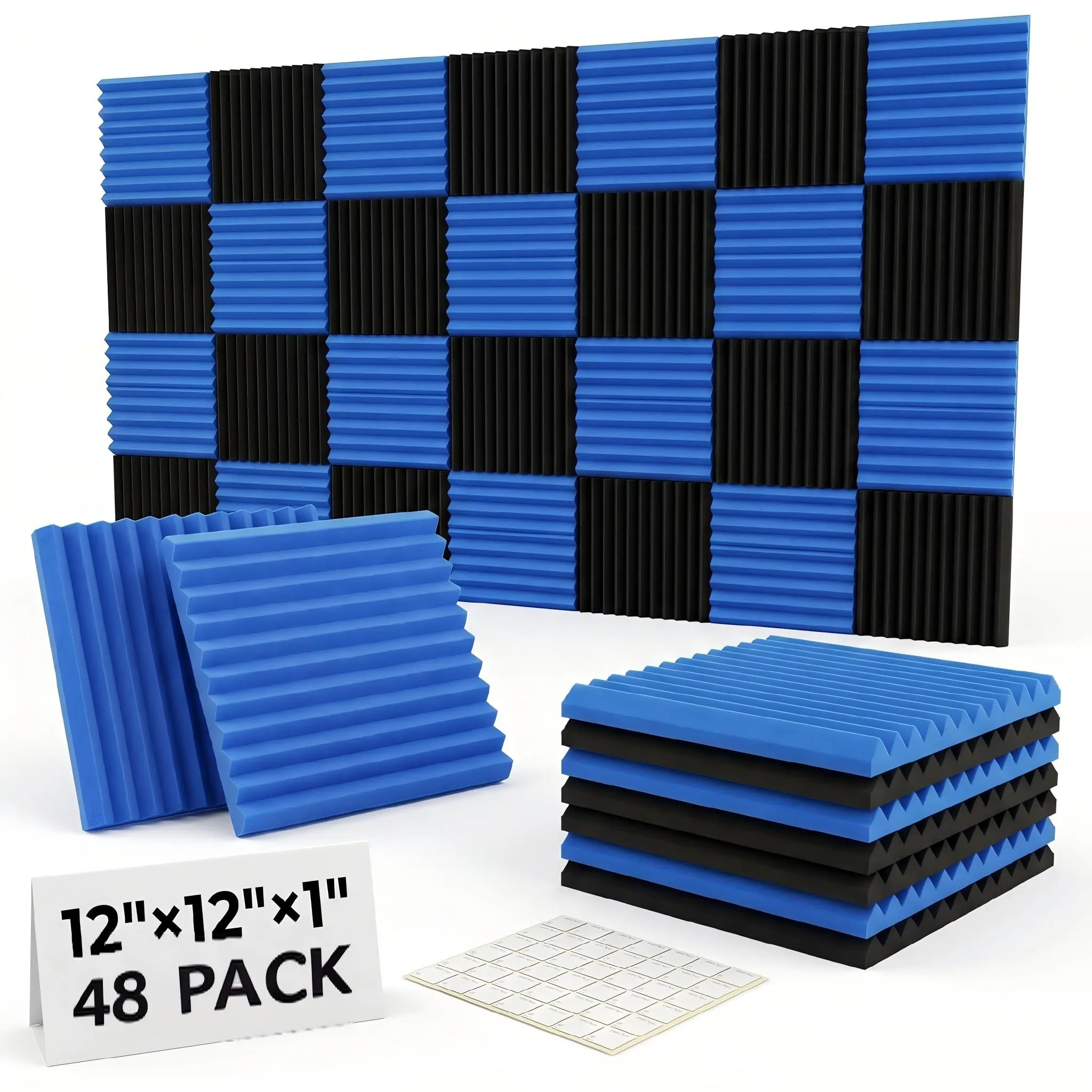 48 Pieces Black and Blue Soundproof Foam Panels, Studio Soundproofing, 1x12x12 Inch High Density Acoustic Boards, Noise Reduction Studio Wedges, Includes 260 Adhesive Pads, Recording Studio Equipment