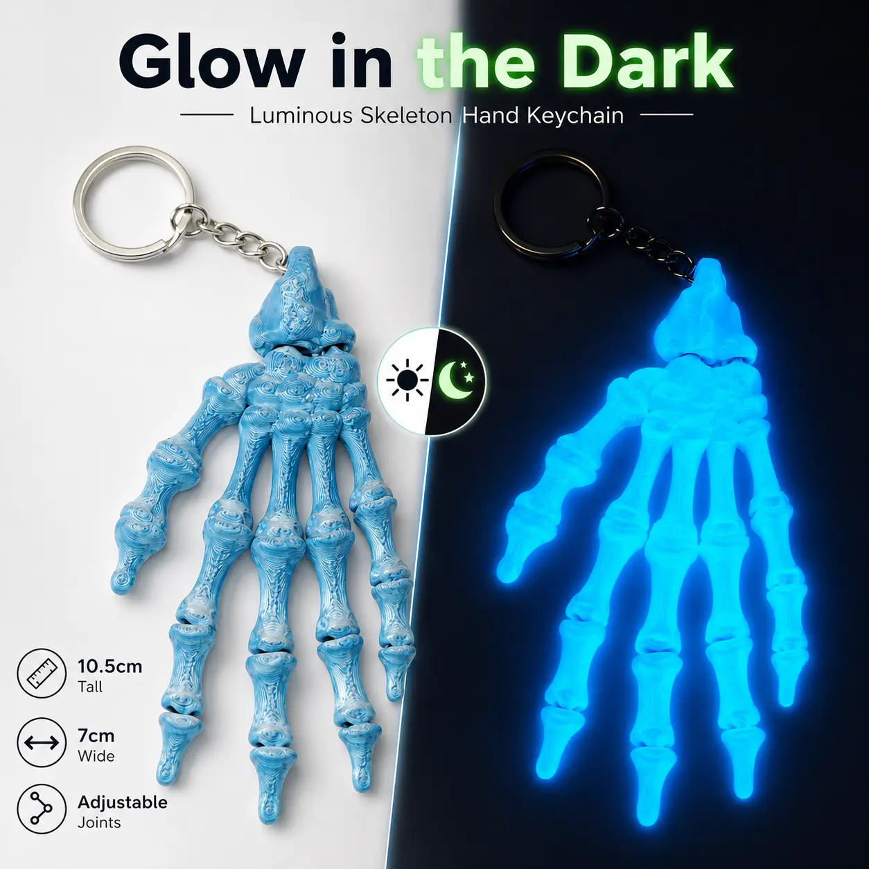 Glow-in-the-Dark Skeleton Hand Keychain - Adjustable Joints, Blue Luminescent Bag Charm, Spooky Halloween Accessory with Glowing Bones, Hand Form, Spooky Look for Car Keys & Backpacks