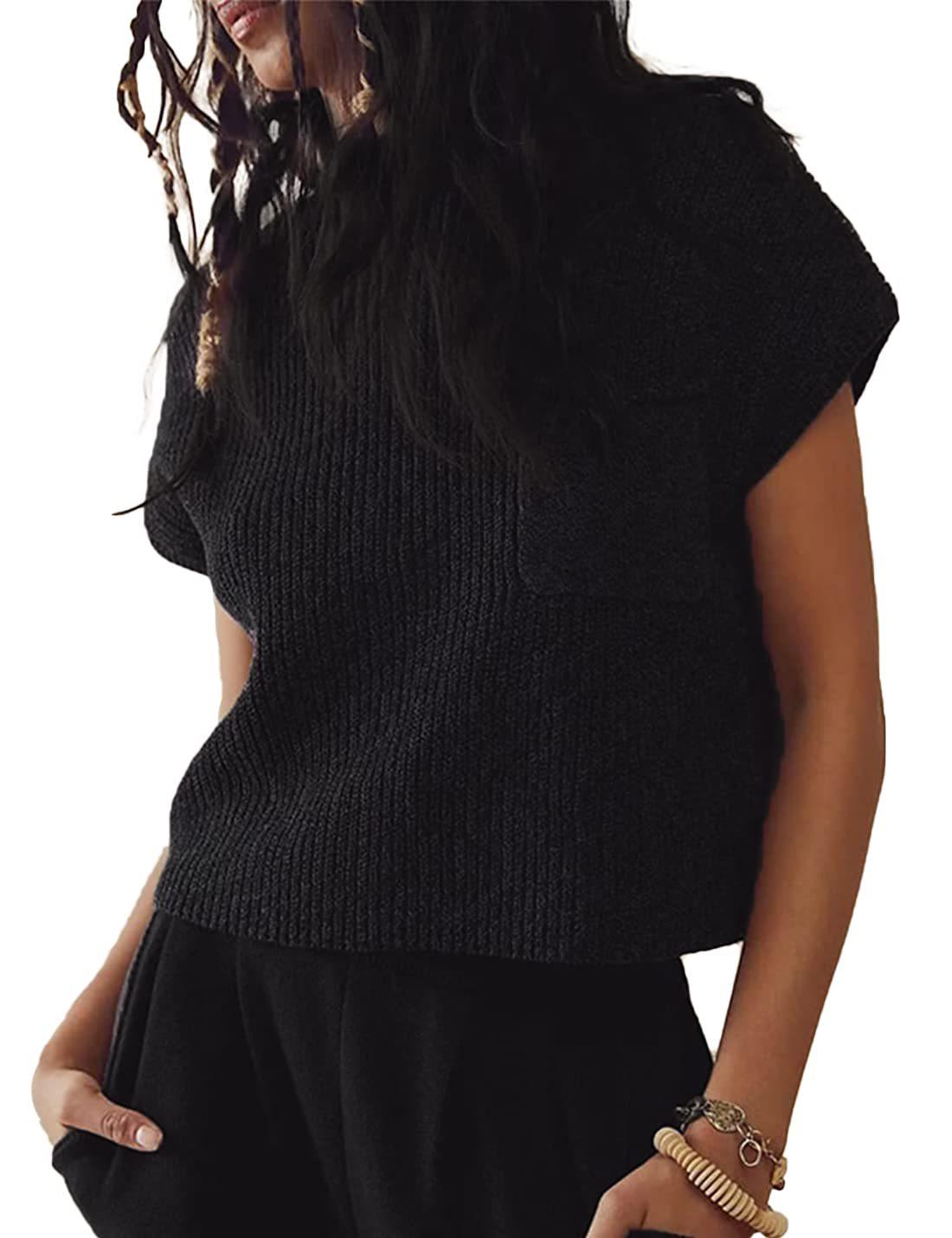 Women's Knitted Sleeveless Pocket Casual Rib Pullover Vest