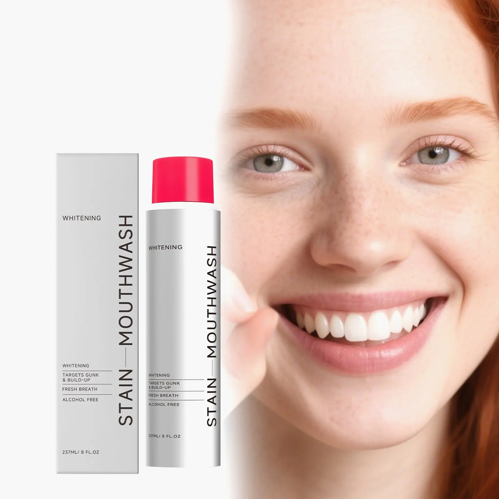Whitening stain mouthwash for whiter teeth and fresher breath. Contains essential oils for a refreshing and portable daily mouthwash. 237ml