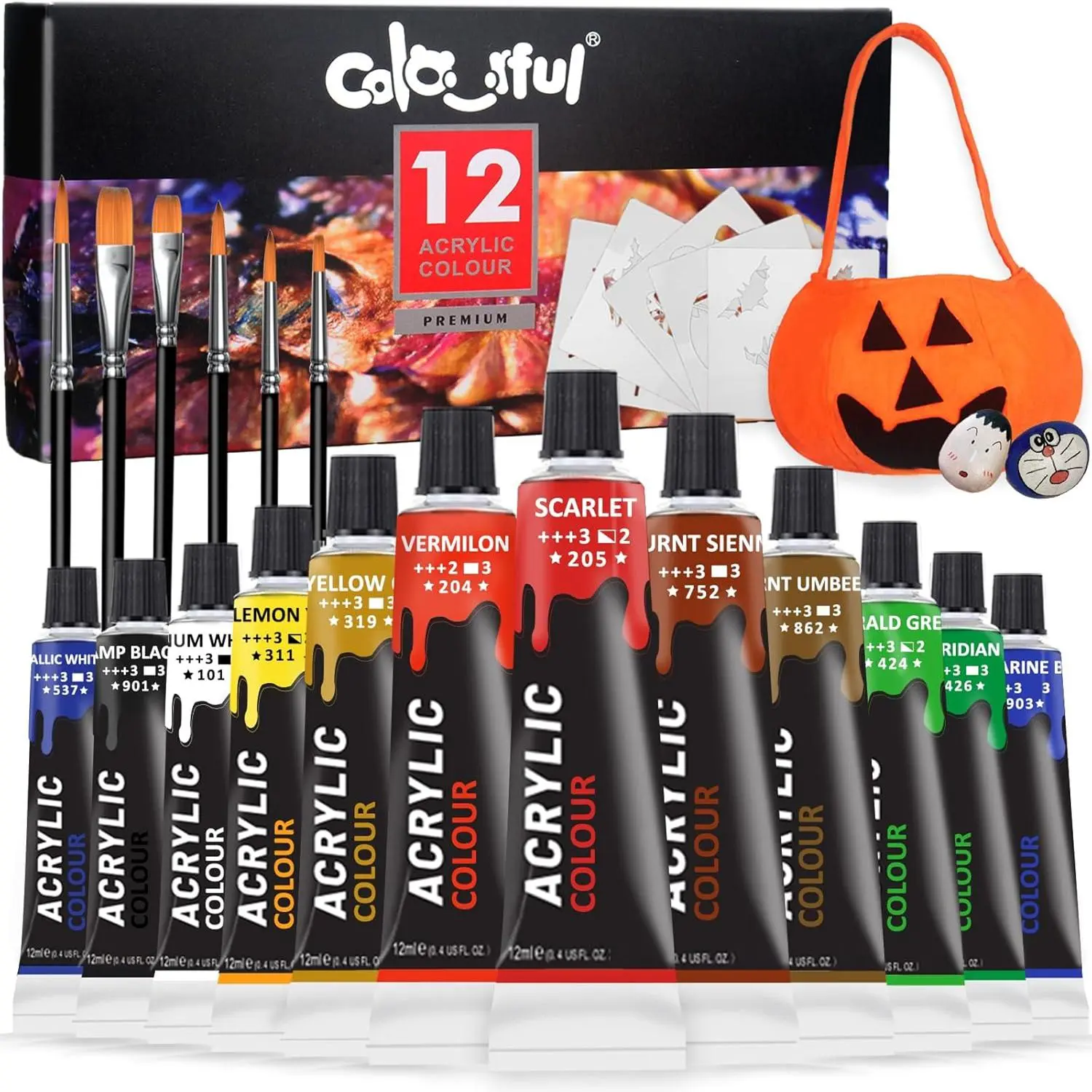 Acrylic Paint Set, 12/24 Colors 12ML Acrylic Art Supplies Paint with 6 Brushes & 1 Palette, Acrylic Crafts Paint Kit, Paint Kits for Student, Beginners, Art Materials