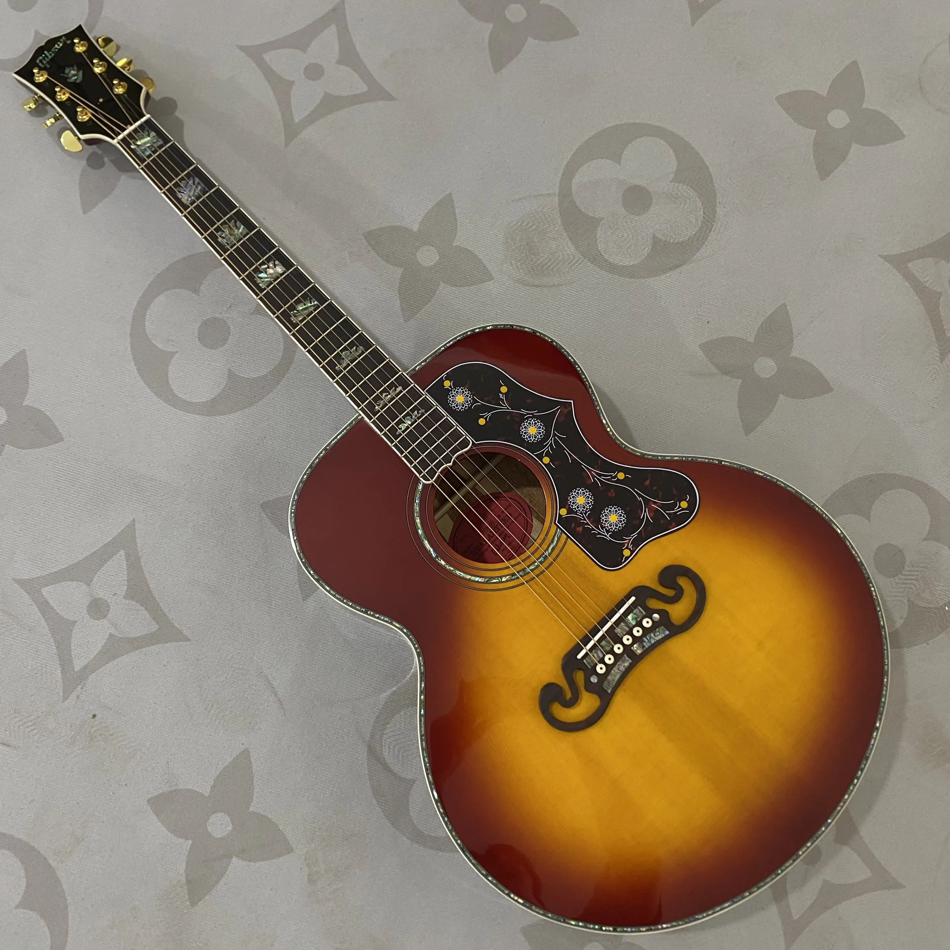 43-inch elegant retro sunset-toned acoustic guitar with rosewood fretboard, featuring abalone and floral inlays