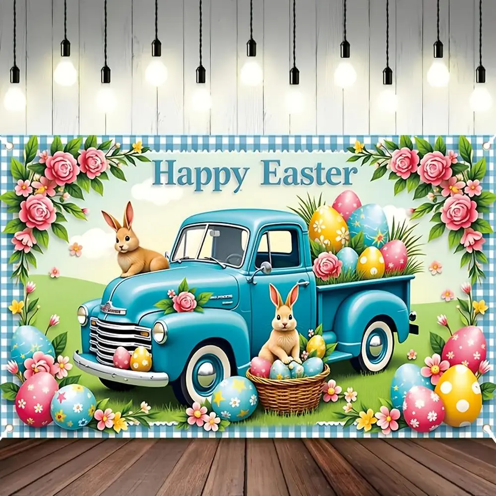 1PC Printed 2D Flat Happy Easter Backdrop Banner - Cartoon Rabbit, Colorful Eggs, Blue Truck Design, Reusable Polyester - 1-Piece, Ideal for Indoor-Outdoor Parties, Photo Booth Decoration, Birthday Events