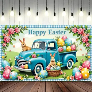 1PC,2D Flat Happy Easter Backdrop Cartoon Rabbit Colorful Eggs Blue Truck Pattern Party Decoration Banner Photo Background Props for Family Gathering Event Decor Supplies