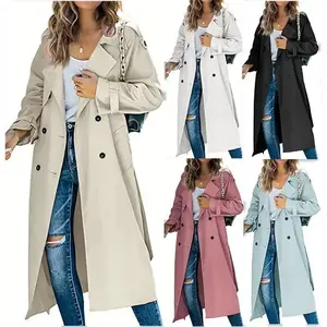 European and American Style Women Winter and Autumn Trench Coat Coat Rain Day Outfits Grey Long Sleeve